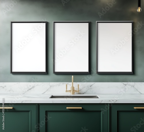 Three Blank White Frames in Elegant Green Interior With Marble Countertop