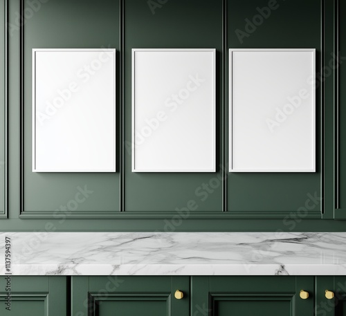 Three Blank White Frames in Elegant Green Interior With Marble Countertop