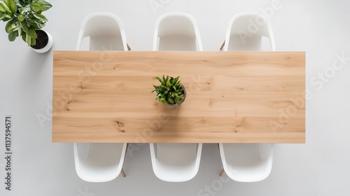 Top view of a modern wooden table surrounded by white chairs, featuring a green plant centerpiece