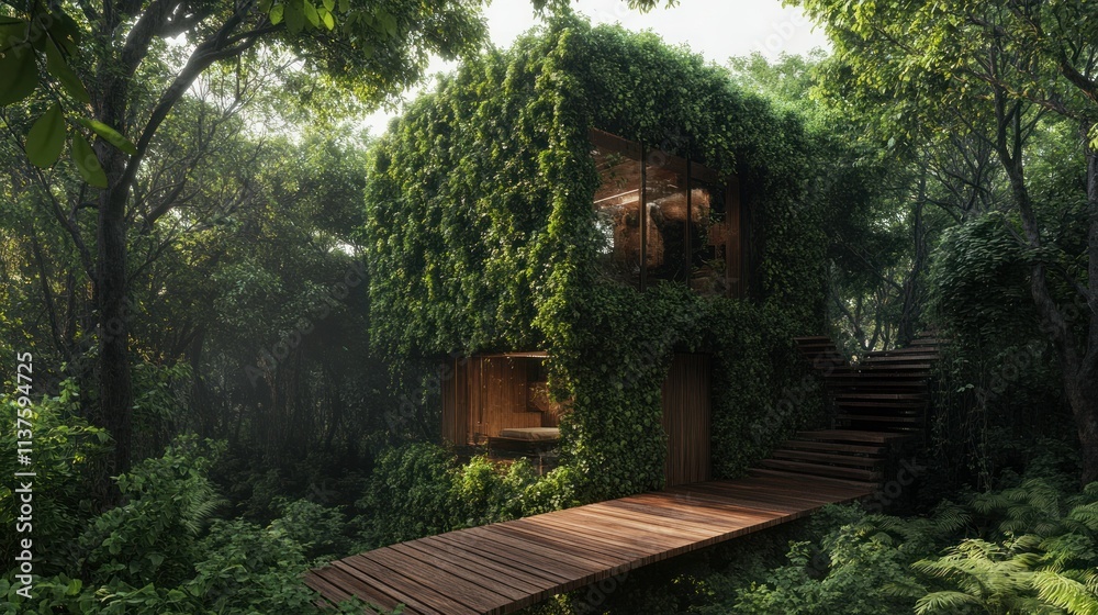 A minimalist cube-shaped tree house surrounded by dense green forest accessed by a wooden bridge, background wallpaper AI generated image A minimalist cube-shaped tree house surrounded by dense green forest accessed by a wooden bridge, background wallpaper AI generated image