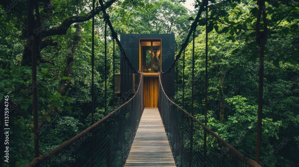 Fototapeta premium A minimalist cube-shaped tree house surrounded by dense green forest accessed by a wooden bridge, background wallpaper AI generated image