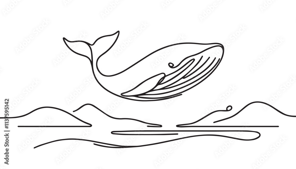 Single Line Drawing of a Mid-Century Modern Whale with Editable Stroke and Copy Space Single Line Drawing of a Mid-Century Modern Whale with Editable Stroke and Copy Space