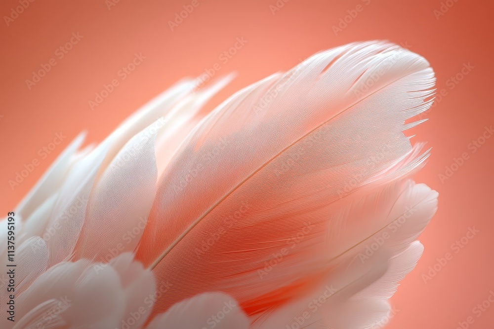 Fototapeta premium Beautiful pastel peach background with a close-up of a delicate feather, soft tones and fine details, ideal for minimalist and elegant designs.