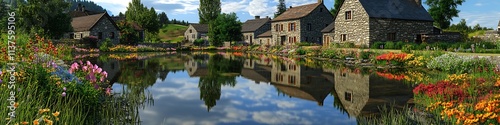 A peaceful village pond reflecting colorful flowers, stone houses, and tall green trees on a calm sunny day