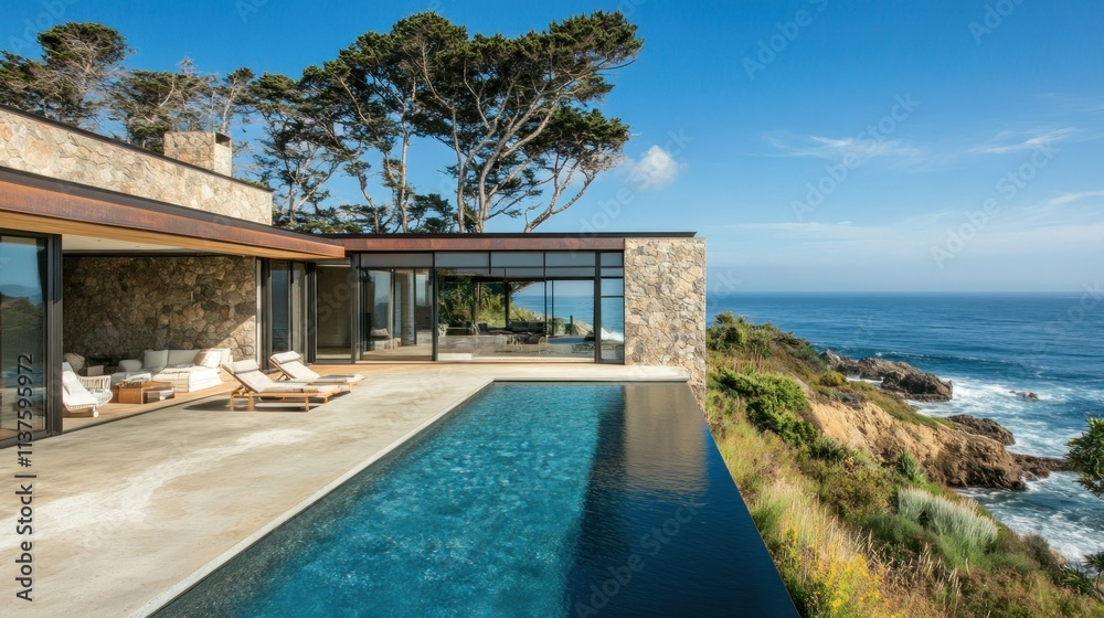 Obraz premium Modern beach house on the edge of a cliff with an elongated swimming pool, stunning ocean views background wallpaper AI generated image