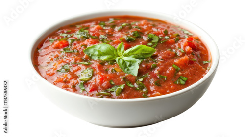 Fresh basil-topped tomato sauce served in a white bowl, ideal for pasta dishes, appetizers, or dipping, showcasing vibrant colors and texture.