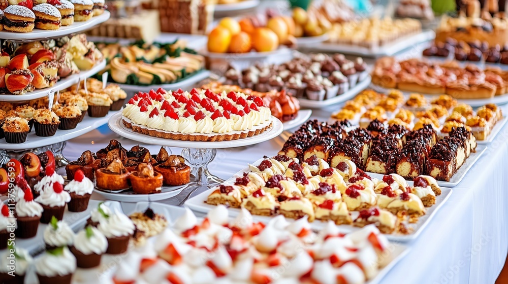 Delicious variety of pastries arranged on table for catering event