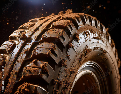 A close-up of mud splattered on a rugged off-road tire with dramatic lighting highlighting its texture photo