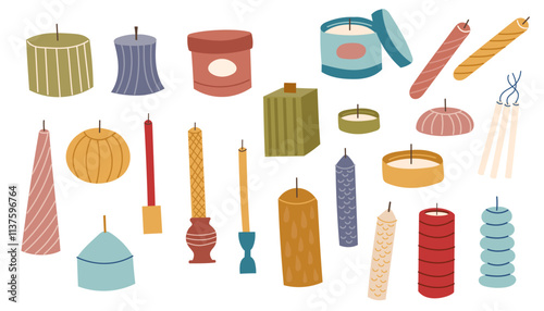 Set of candles isolated on white. Handmade candles workshop. DIY concept. Vector flat illustration.