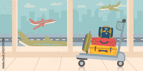 Airport interior banner. Suitcases on luggage cart on the foreground and view of airplanes from the airport window. Family travel, vacation and business trip concepts. 