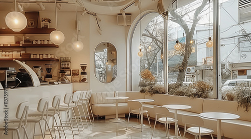 Fototapeta Naklejka Na Ścianę i Meble -  A small white coffee shop with a glass wall, chairs and tables in the middle of which is an oval mirror hanging on one side. minimalist style that emphasizes clean lines and simplicity.