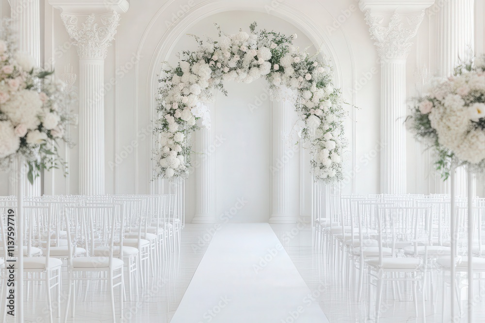 Fototapeta premium Elegant Wedding Ceremony Hall with Floral Arrangements and White Decor, Perfect for Celebrating Love and Commitment in a Beautiful Setting