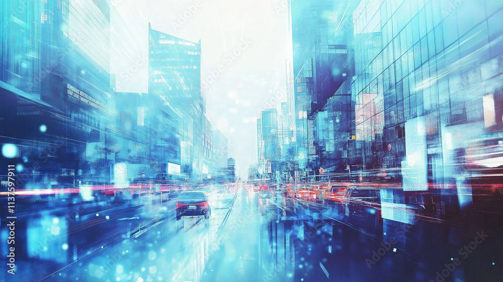 Futuristic Urban Cityscape with Blue Glass Buildings and Blurred Traffic, Conceptual Digital Art for Modern Architecture and Business. Futuristic Urban Cityscape with Blue Glass Buildings and Blurred Traffic, Conceptual Digital Art for Modern Architecture and Business.