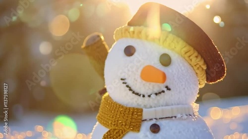 A cute snowman wearing a hat and scarf in a snowy outdoor setting, symbolizing winter, holidays, and festive joy during the Christmas season photo