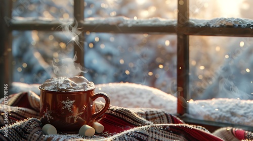 A cozy winter scene featuring a steaming cup of hot chocolate with marshmallows and a snowy window view. photo