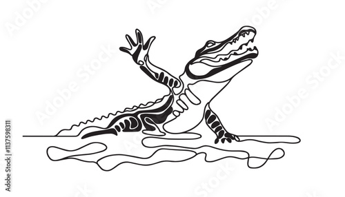 Single Line Drawing of a Mid-Century Modern crocodile with Editable Stroke and Copy Space