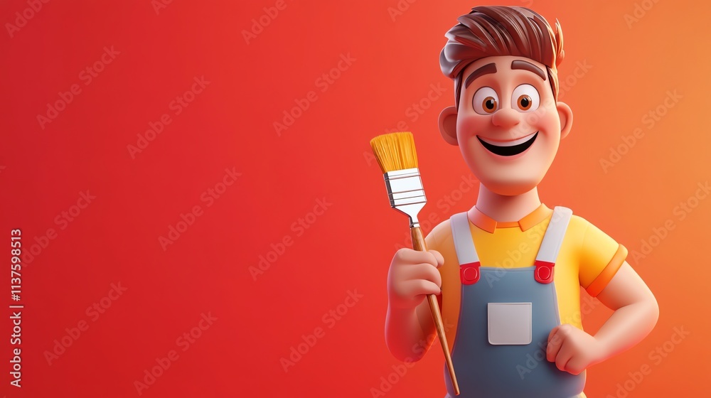 Happy cartoon man in overalls holding a paintbrush. Happy cartoon man in overalls holding a paintbrush.