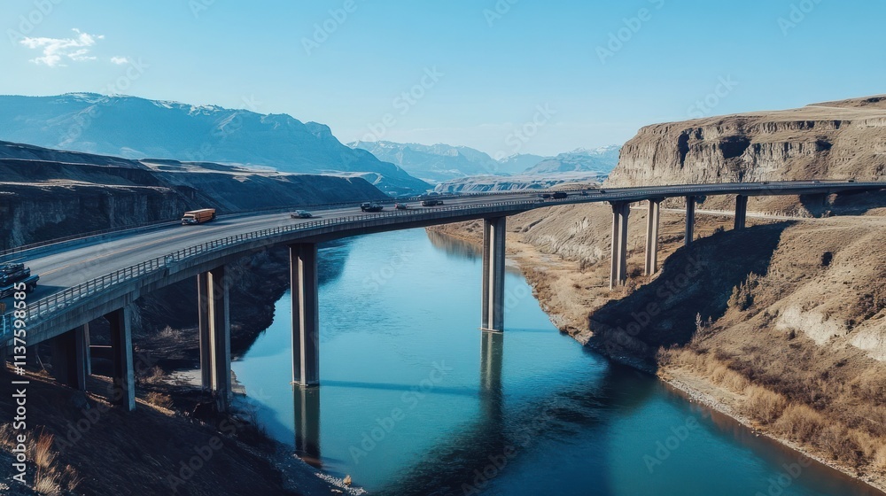 The long, tall highway bridge arches gracefully over the river, with vehicles passing by background wallpaper AI generated image The long, tall highway bridge arches gracefully over the river, with vehicles passing by background wallpaper AI generated image