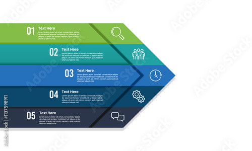 Arrow infographic contains 5 steps to success. Presentation, Data, Information and Plan. Vector illustration.