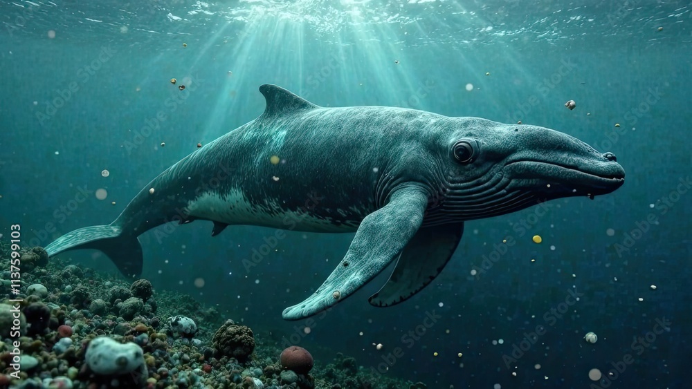Fototapeta premium Majestic whale swims gracefully through vibrant coral reef under shimmering ocean light. Generative AI
