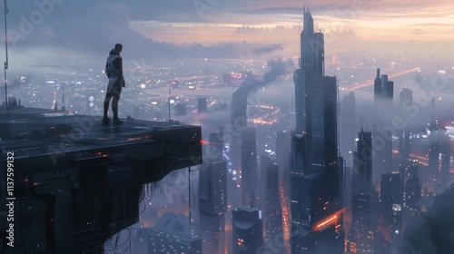 A heroic figure standing atop a skyscraper, looking out over a futuristic cityscape
