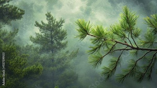 A bright green pine branch stands out sharply, with a misty forest in the background wallpaper AI generated image