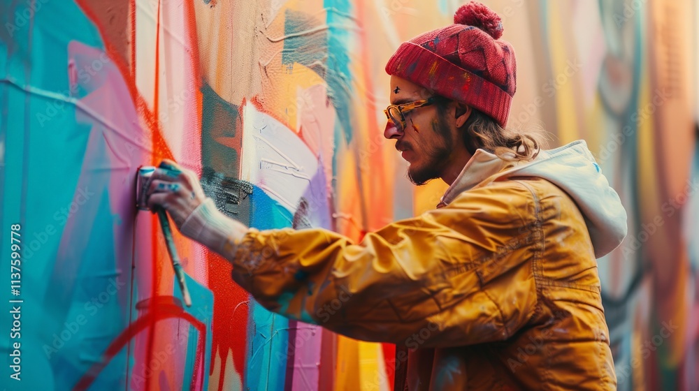 A hipster artist painting a mural on a colorful city wall A hipster artist painting a mural on a colorful city wall