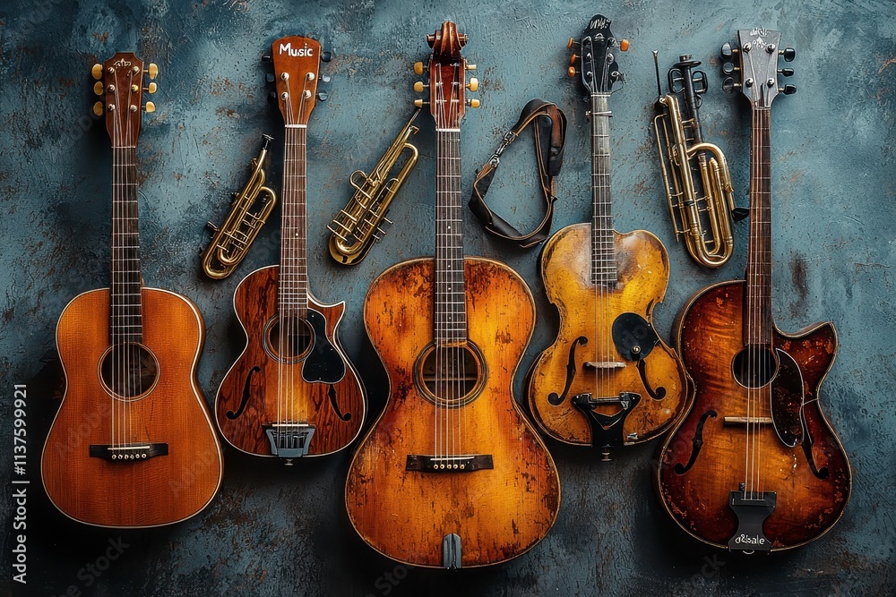 Naklejka premium Vintage Musical Instruments on Display for Sale