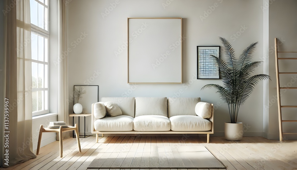 Fototapeta premium Modern Living Room Mockup with Empty Frame and White Sofa