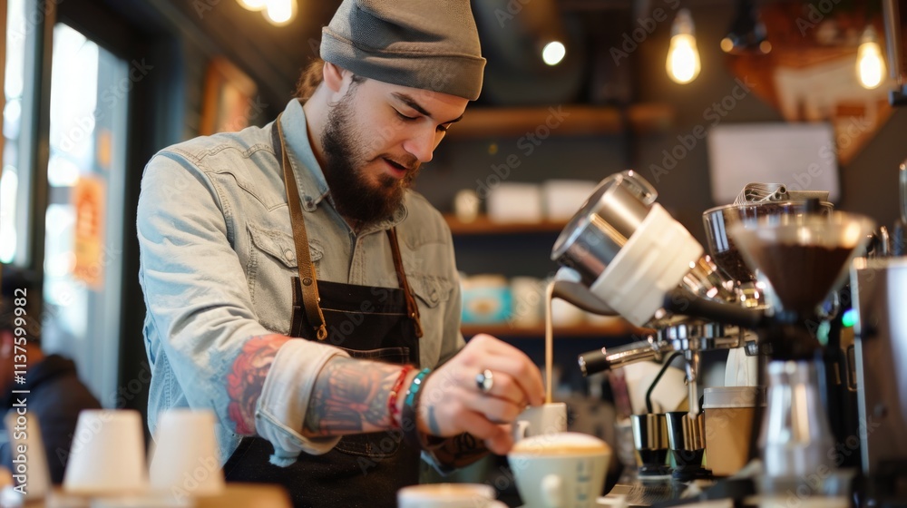 A hipster barista expertly pouring latte art in a trendy coffee shop A hipster barista expertly pouring latte art in a trendy coffee shop