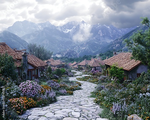 A picturesque village surrounded by mountains, with stone pathways and flower-filled gardens under a soft cloudy sky