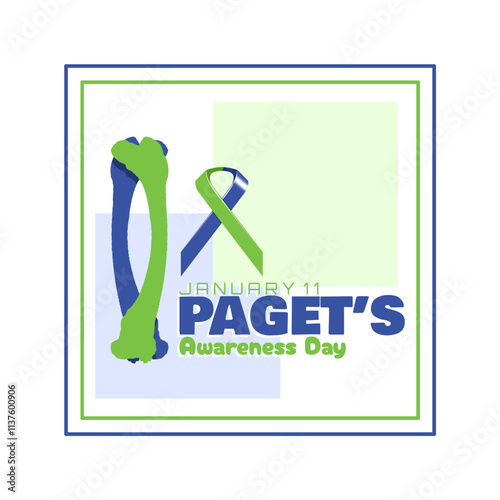 Paget's Awareness Day to celebrate on January 11th. Illustration of bent bones with campaign ribbon in frame on white background. Health event banner.