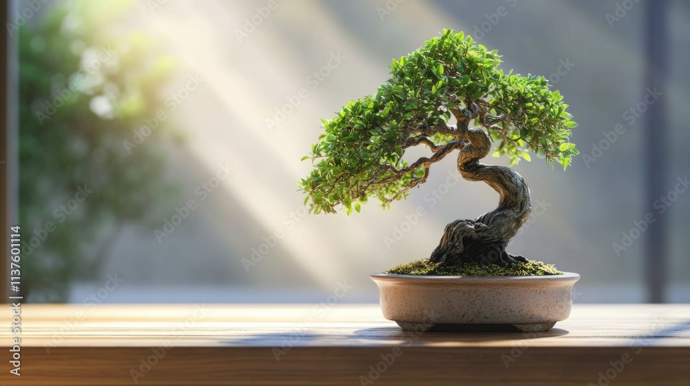Bonsai tree with gnarled trunk and lush green foliage, displayed in a ceramic pot, background wallpaper AI generated image