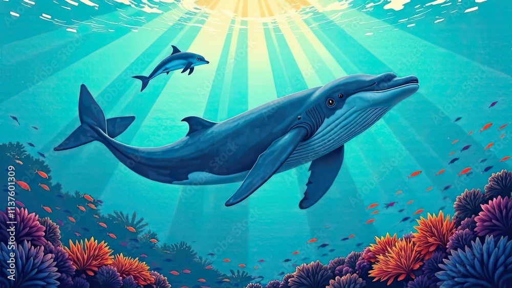 Obraz premium Majestic whale swimming gracefully among vibrant coral in a serene underwater landscape with a playful dolphin above. Generative AI