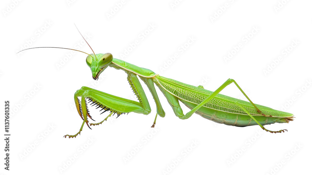 A vibrant green mantis perched delicately on its hind legs, showcasing its distinct features and textures in a natural setting. A vibrant green mantis perched delicately on its hind legs, showcasing its distinct features and textures in a natural setting.
