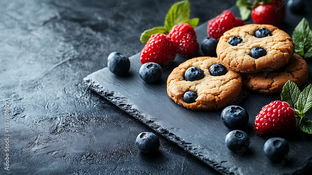 Elegant composition of cookies on a slate board, complemented by fresh berries and soft lighting Elegant composition of cookies on a slate board, complemented by fresh berries and soft lighting