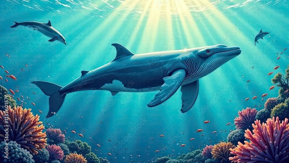 Fototapeta premium Dolphins swimming gracefully among colorful coral reefs in a vibrant underwater world. Generative AI