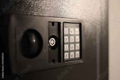 A close-up of a hidden in-wall safe discreetly installed within a wall. The sleek design emphasizes security and practicality for safeguarding valuables. photo