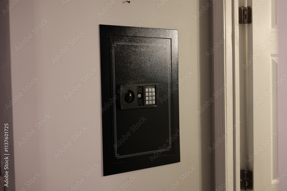 A close-up of a hidden in-wall safe discreetly installed within a wall. The sleek design emphasizes security and practicality for safeguarding valuables. A close-up of a hidden in-wall safe discreetly installed within a wall. The sleek design emphasizes security and practicality for safeguarding valuables.