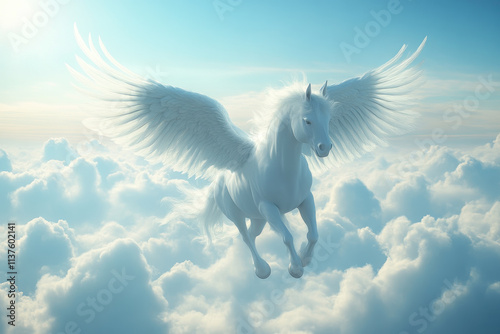 White Horse Flies Above Clouds in the Sky Gracefully photo