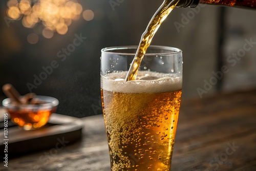 Wallpaper Mural A refreshing glass of beer being poured, capturing bubbles and rich amber color, set against a warm, rustic background. Torontodigital.ca