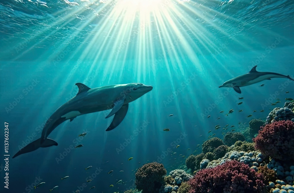 Fototapeta premium Dolphins swim gracefully among vibrant coral reefs in a sunlit underwater world during a serene afternoon. Generative AI