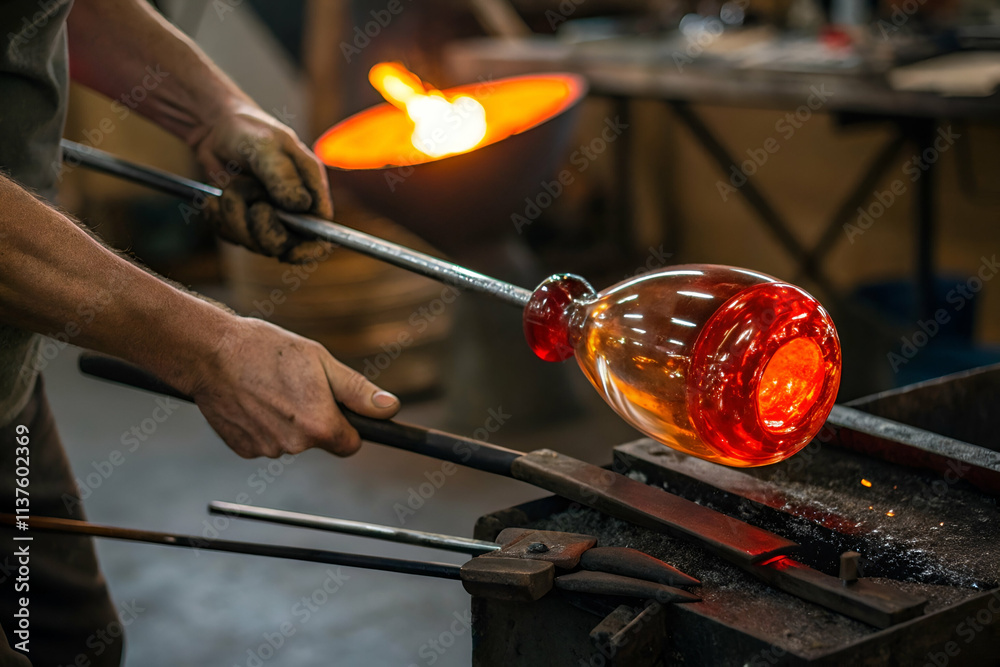 A craftsman shapes molten glass into a vibrant red vessel using traditional glassblowing techniques in a hot workshop. A craftsman shapes molten glass into a vibrant red vessel using traditional glassblowing techniques in a hot workshop.