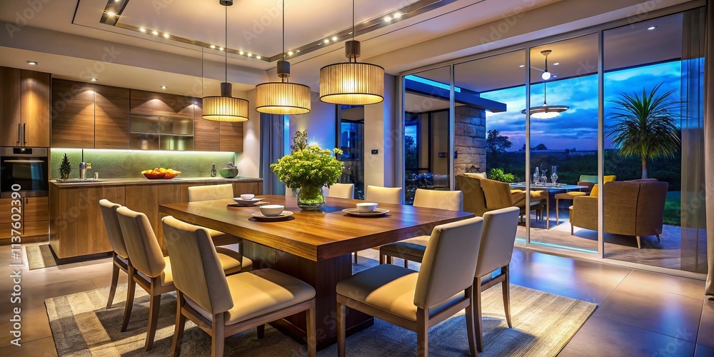 Night Photography: Square Table Dining Room with Kitchen View - Modern Interior Design Night Photography: Square Table Dining Room with Kitchen View - Modern Interior Design