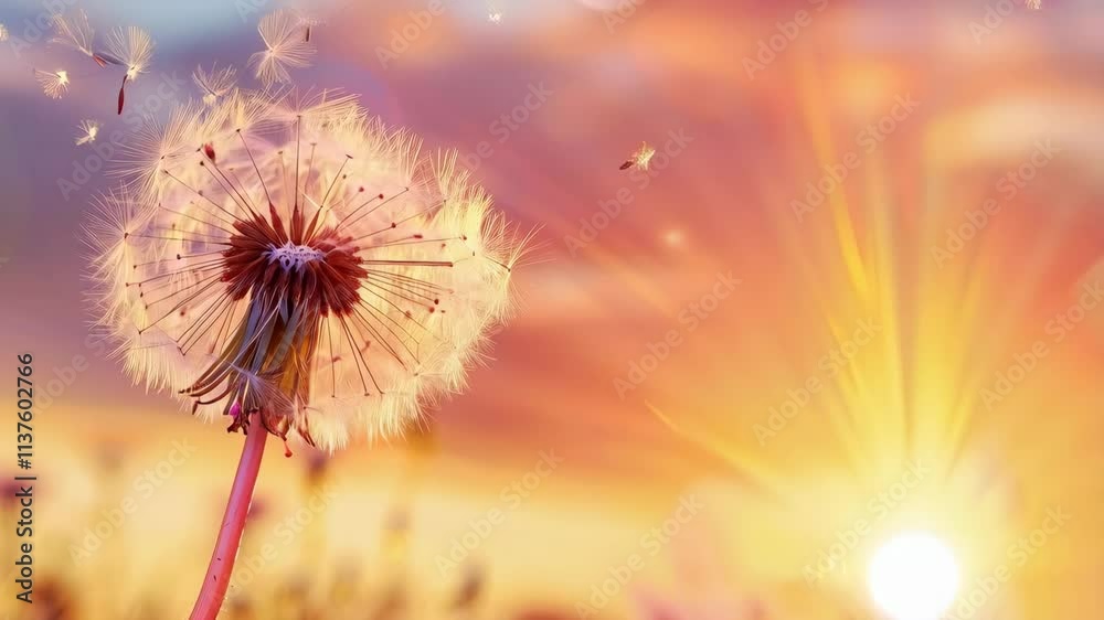 close up of dandelion flower and seeds floating away over sunset background with copy space