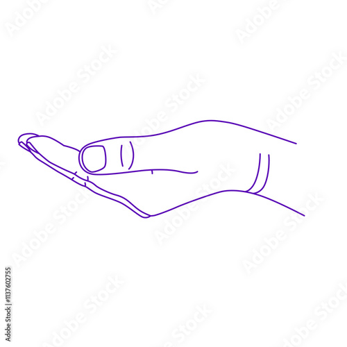 Outstretched open palm. Holding something in his hands. Contour vector gesture sketch illustration