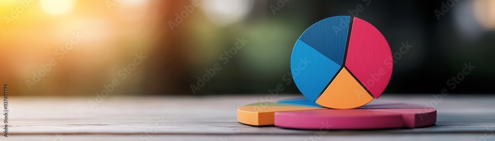 Fototapeta premium A colorful pie chart sits on a wooden surface, illuminated by warm sunlight, representing data visualization and analysis in a vibrant setting.