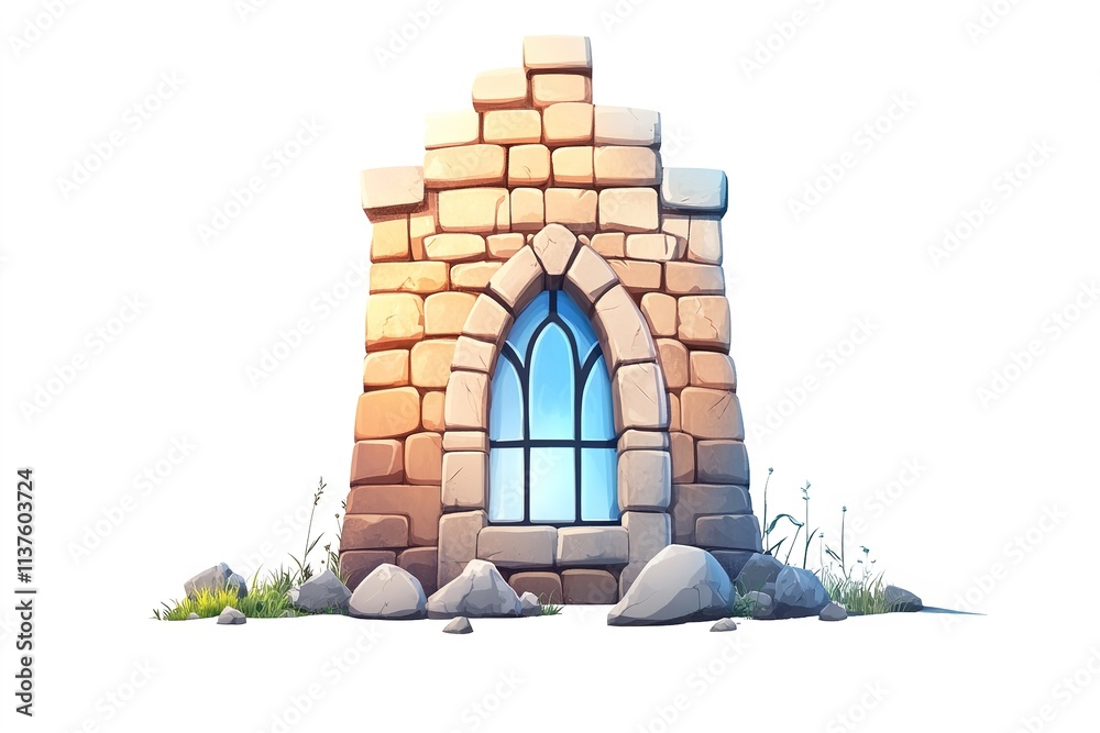 Fototapeta premium Cartoon stone tower with blue window and plants