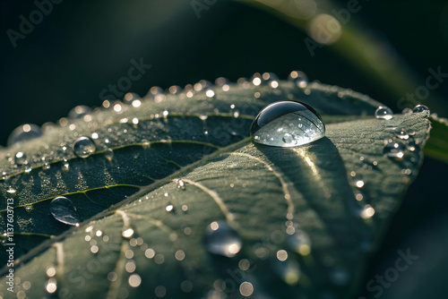 A close-up of a green leaf adorned with water droplets, showcasing nature's beauty and intricacy in sunlight. photo