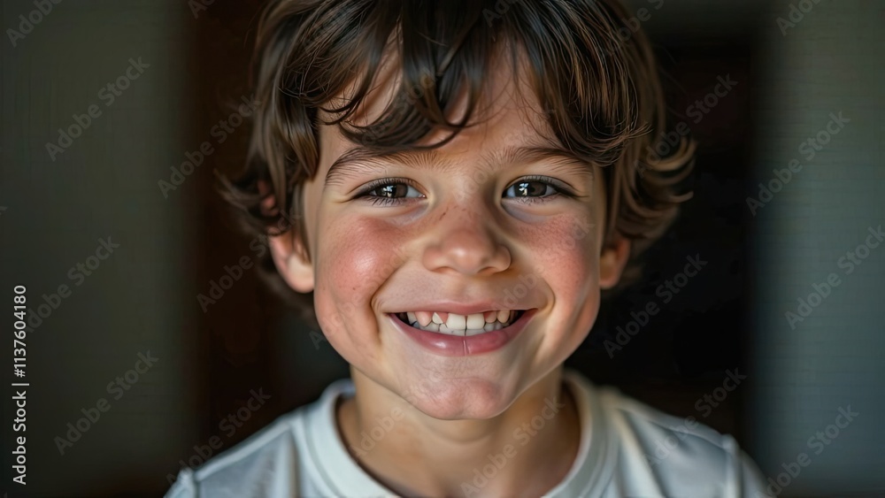 Happy young boy smiling brightly at home during the day. Generative AI Happy young boy smiling brightly at home during the day. Generative AI